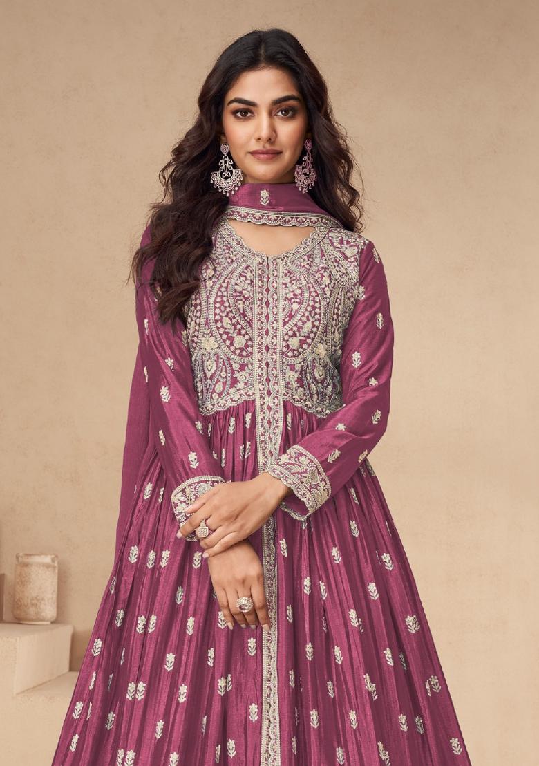 Pink Embroidered Silk Salwar Kameez With Dupatta - Indya