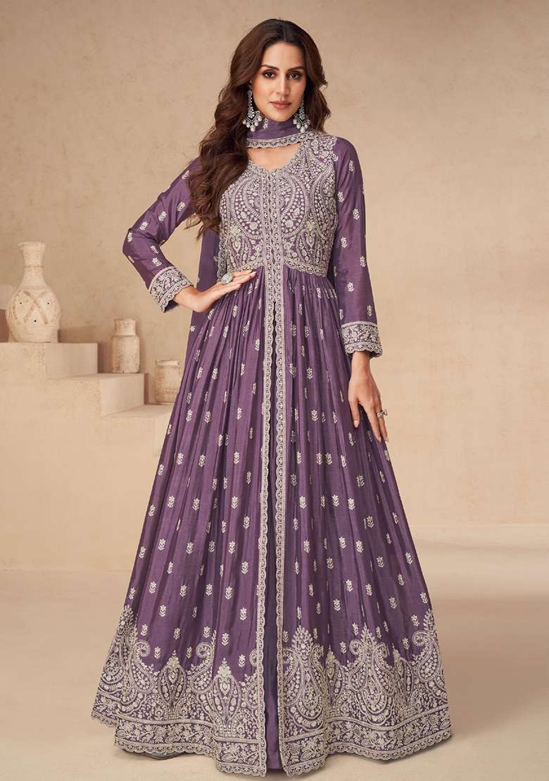 Purple Embroidered Silk Blend Anarkali Set - Indya