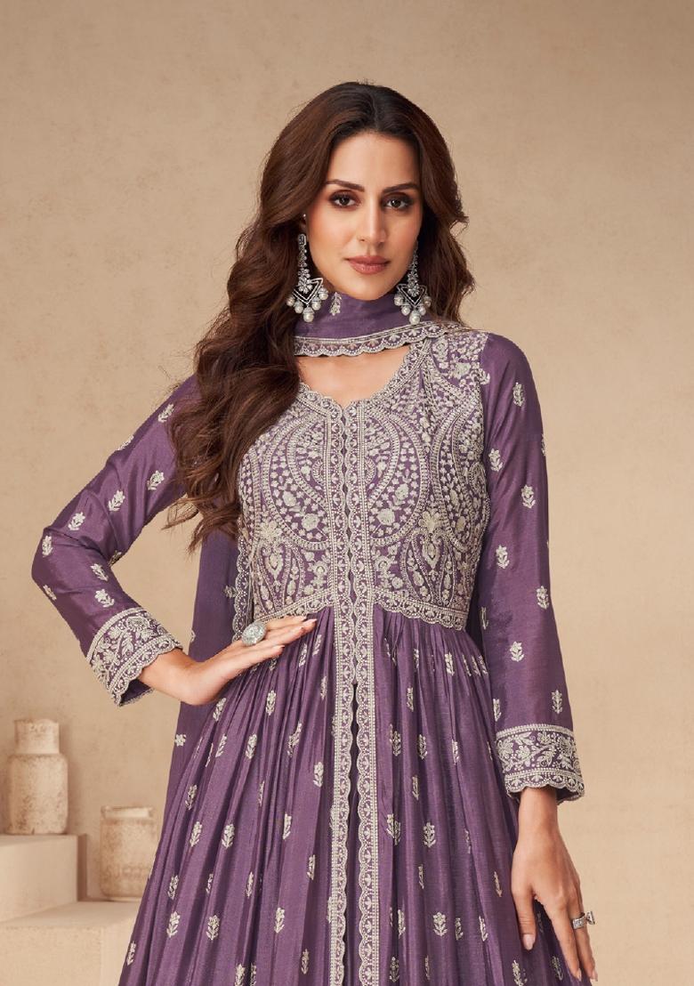Purple Embroidered Silk Salwar Kameez With Dupatta - Indya