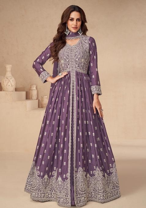 Purple Embroidered Silk Anarkali Set
