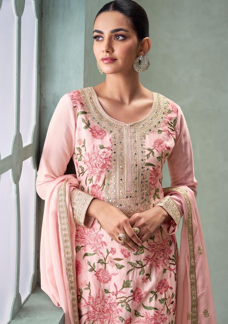 Pink Embroidered Silk Salwar Kameez With Dupatta - Indya