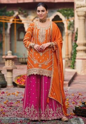Orange Embroidered Chinnon Salwar Kameez With Dupatta
