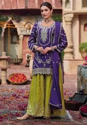 Purple Embroidered Chinnon Salwar Kameez With Dupatta