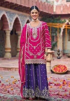 Pink Embroidered Chinnon Salwar Kameez With Dupatta