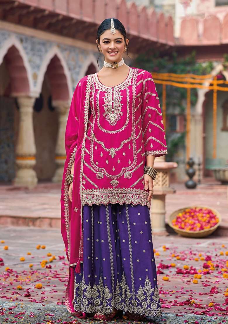 Pink Embroidered Chinnon Salwar Kameez With Dupatta - Indya