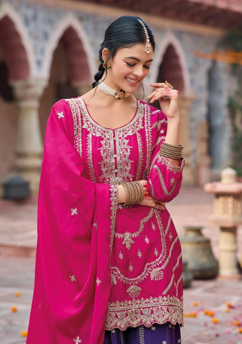 Pink Embroidered Chinnon Salwar Kameez With Dupatta - Indya