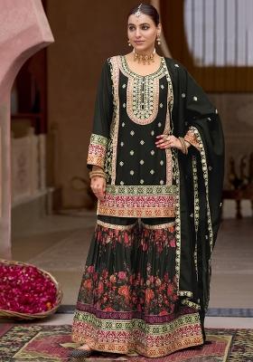 Black Embroidered Chinnon Salwar Kameez With Dupatta