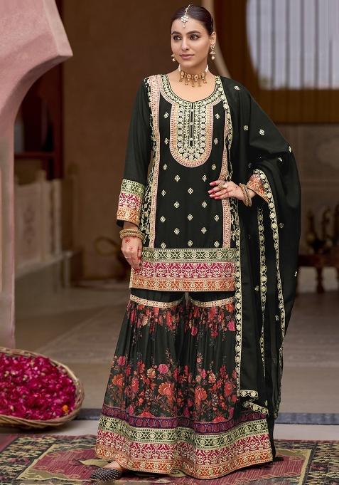 Black Embroidered Chinon Sharara Set