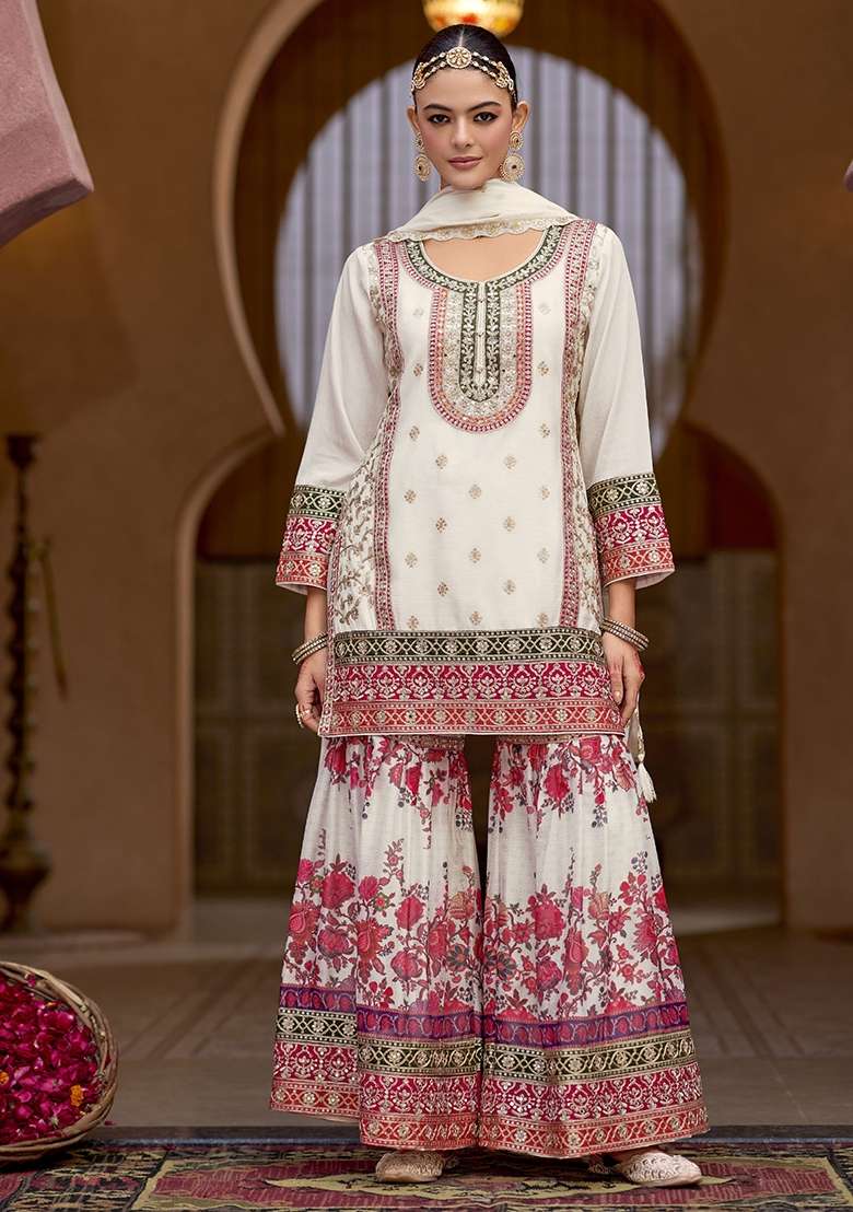 White Embroidered Chinon Sharara Set - Indya