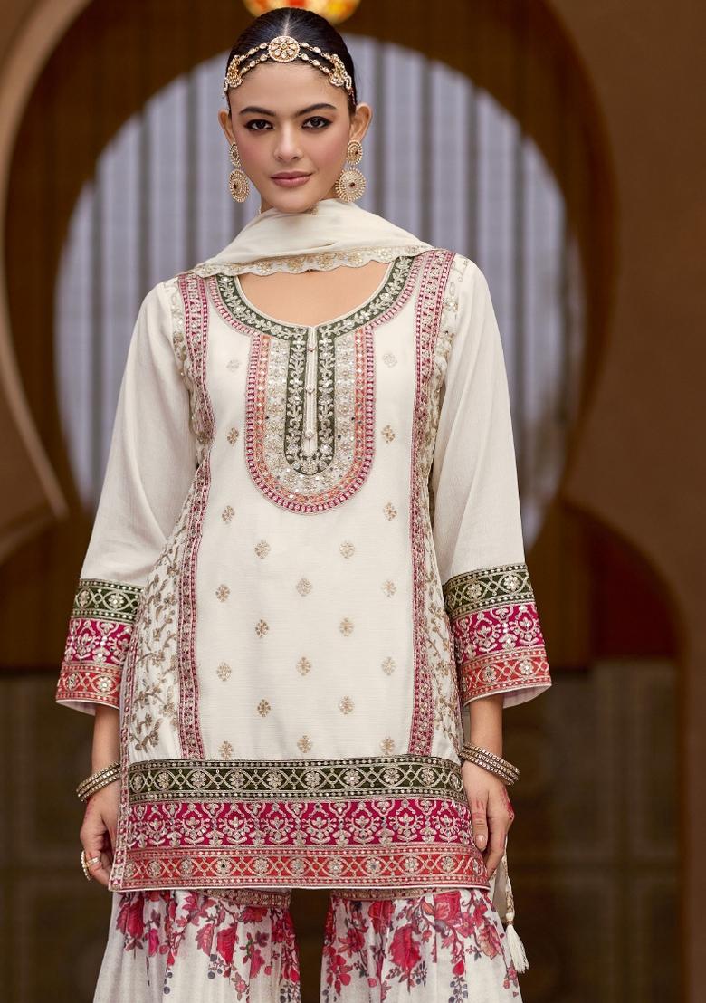 White Embroidered Chinnon Salwar Kameez With Dupatta - Indya