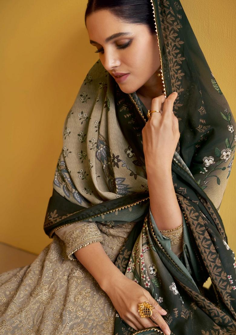 Grey Embroidered Georgette Salwar Kameez With Dupatta - Indya