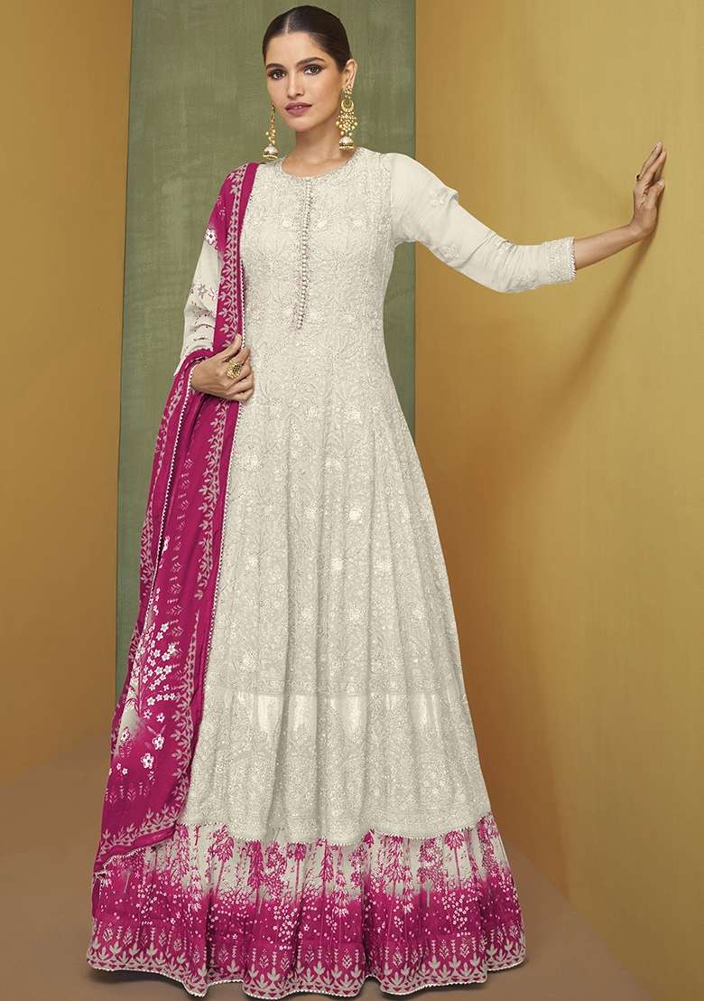 Grey Embroidered Georgette Salwar Kameez With Dupatta - Indya