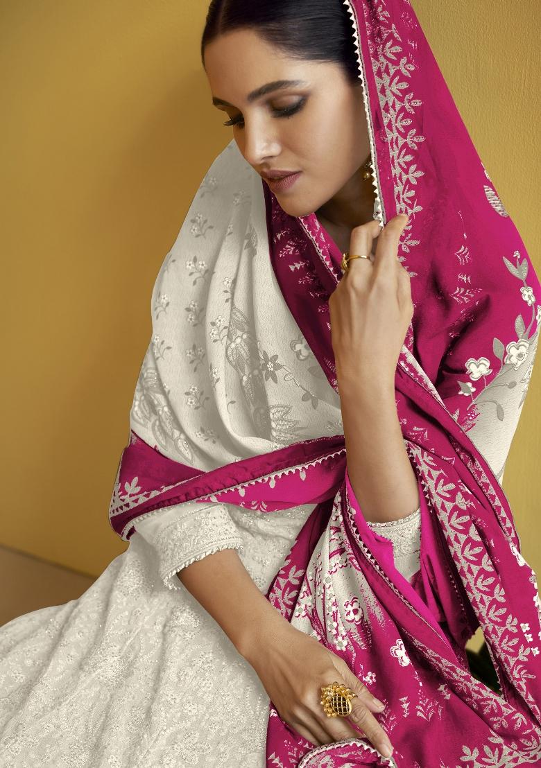 Grey Embroidered Georgette Salwar Kameez With Dupatta - Indya