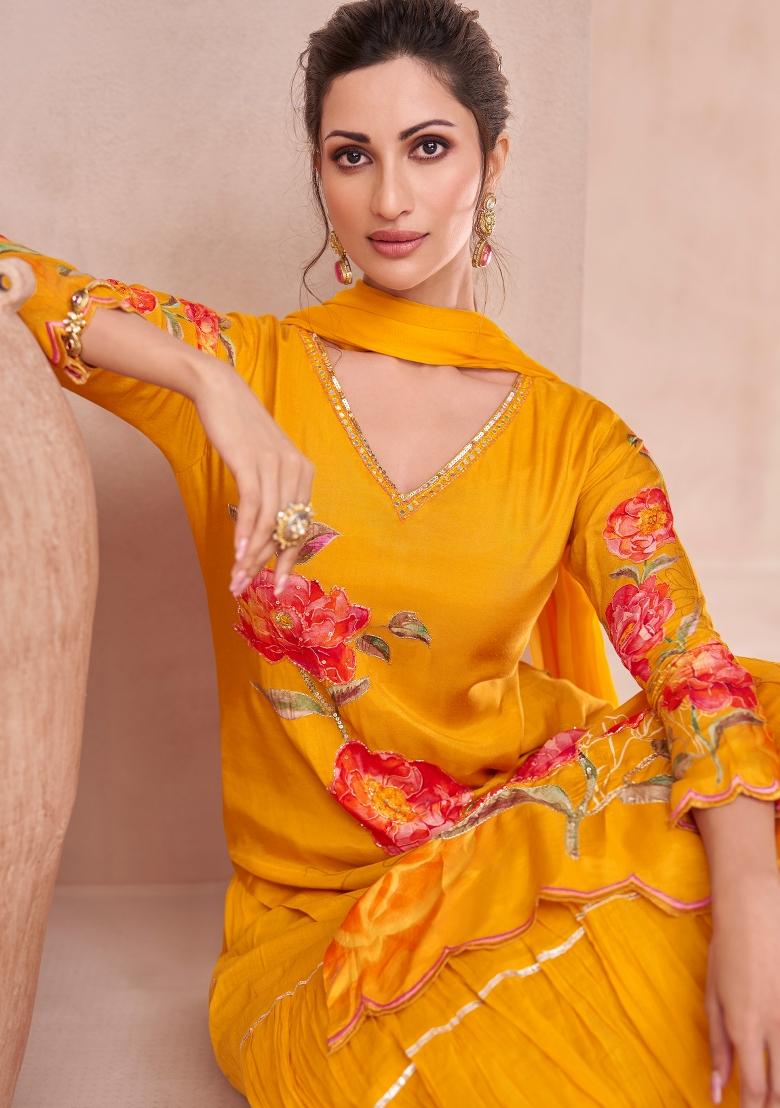 Yellow Embroidered Muslin Salwar Kameez