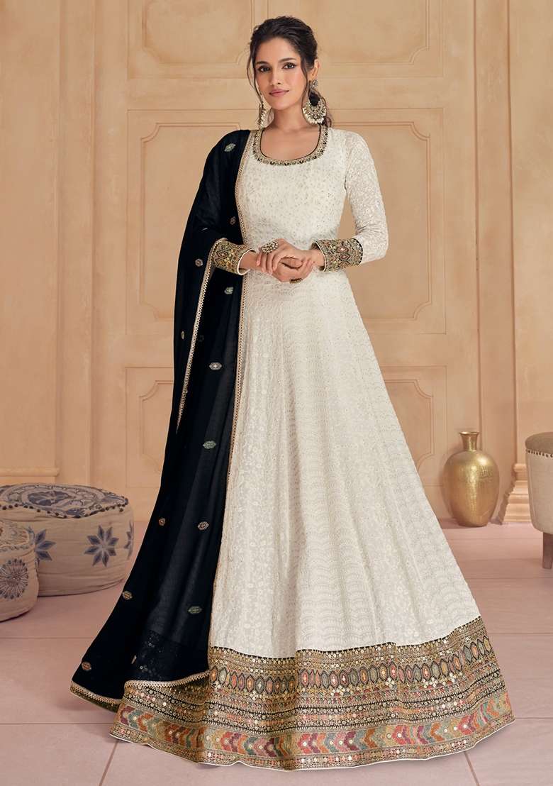 White Embroidered Georgette Anarkali Set - Indya