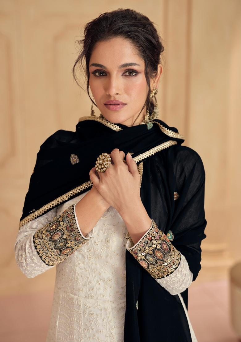 White Embroidered Georgette Salwar Kameez - Indya