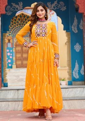 Yellow Georgette Laheriya Print Kutchi Patchework Navaratri Gown