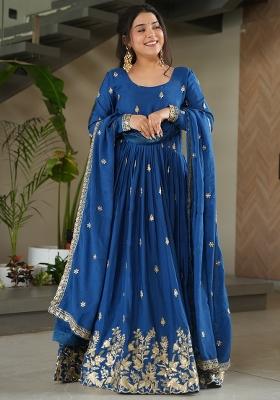 Blue Chinon Silk Embroidered Zari Gown With Dupatta