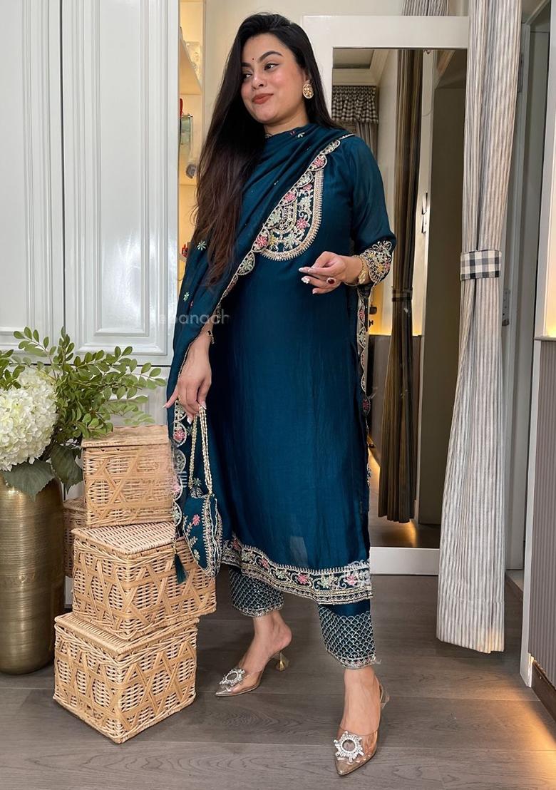 Rama Green Embroidery Chinon Salwar Kameez With Dupatta - Indya