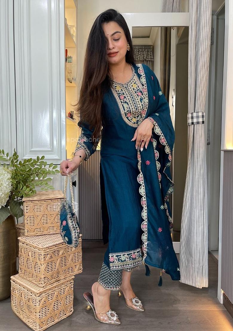 Rama Green Embroidery Chinon Salwar Kameez With Dupatta - Indya