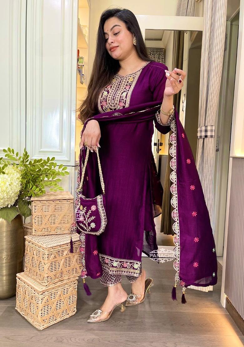 Wine Embroidery Chinon Salwar Kameez With Dupatta - Indya