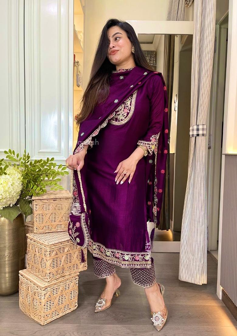 Wine Embroidery Chinon Salwar Kameez With Dupatta - Indya