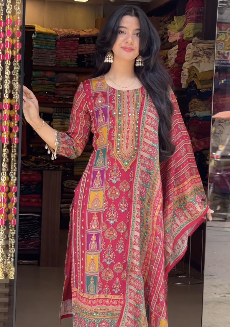 Pink Embroidery Cotton Salwar Kameez With Dupatta - Indya