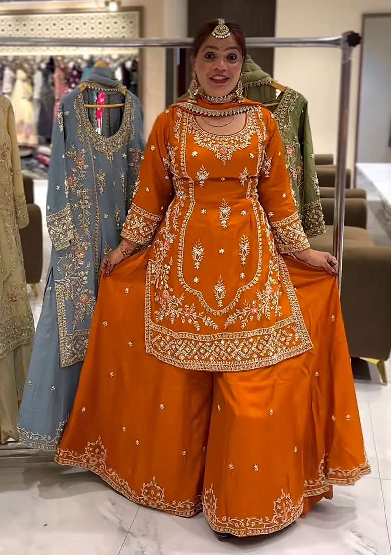 Orange Embroidered Chinon Sharara Set - Indya