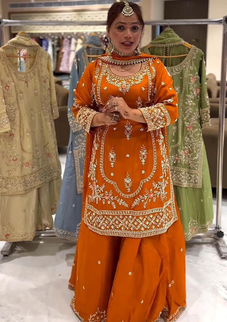 Orange Embroidery Chinon Salwar Kameez With Dupatta - Indya