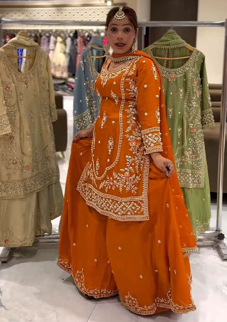 Orange Embroidered Chinon Sharara Set - Indya