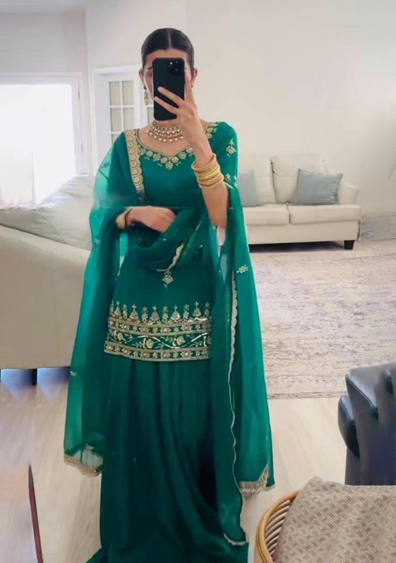 Green Embroidery Chinon Salwar Kameez With Dupatta - Indya