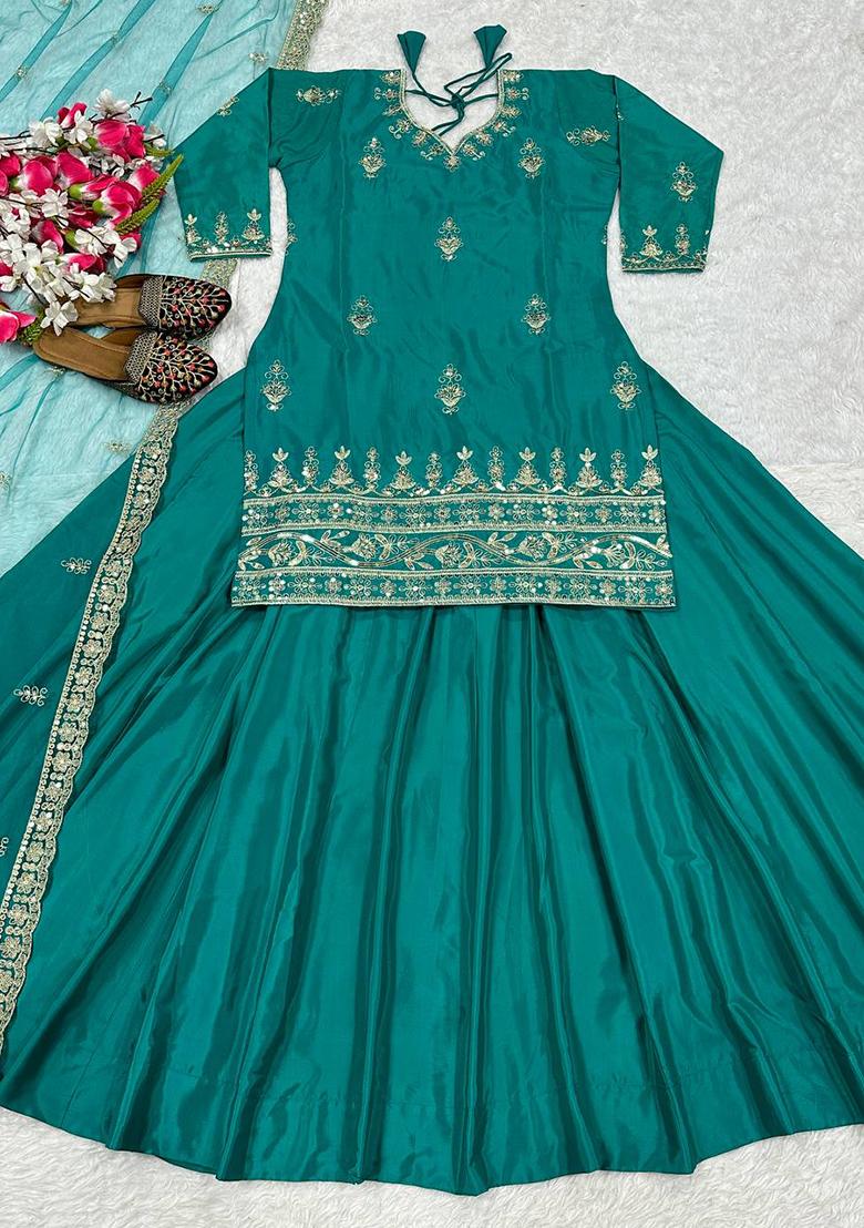 Green Embroidery Chinon Salwar Kameez With Dupatta - Indya