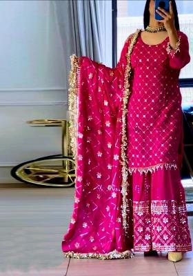 Pink Embroidery Cotton Palazzo Set With Dupatta