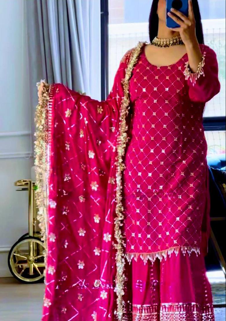 Pink Embroidery Cotton Palazzo Set With Dupatta - Indya