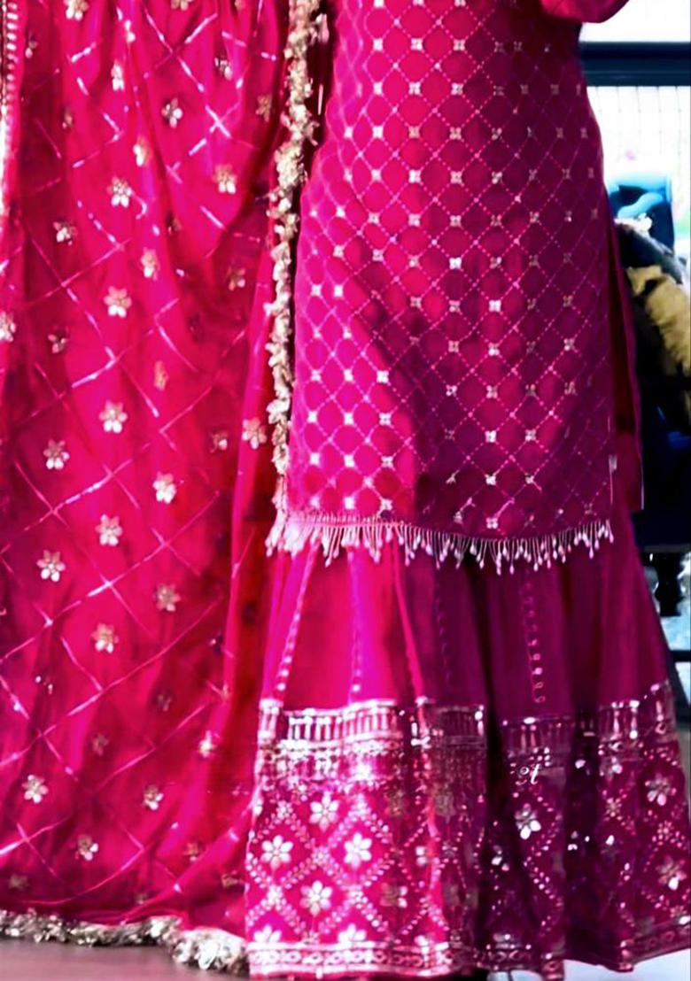 Pink Embroidery Cotton Palazzo Set With Dupatta - Indya