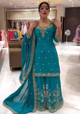 Green Embroidery Chinon Sharara Set With Dupatta