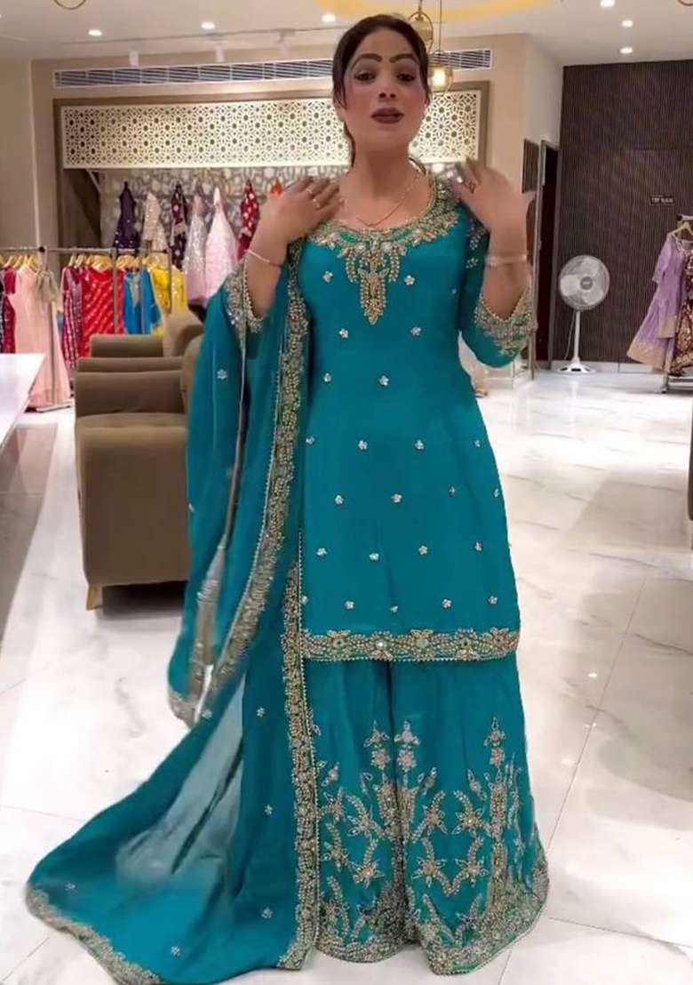 Green Embroidered Chinon Sharara Set - Indya