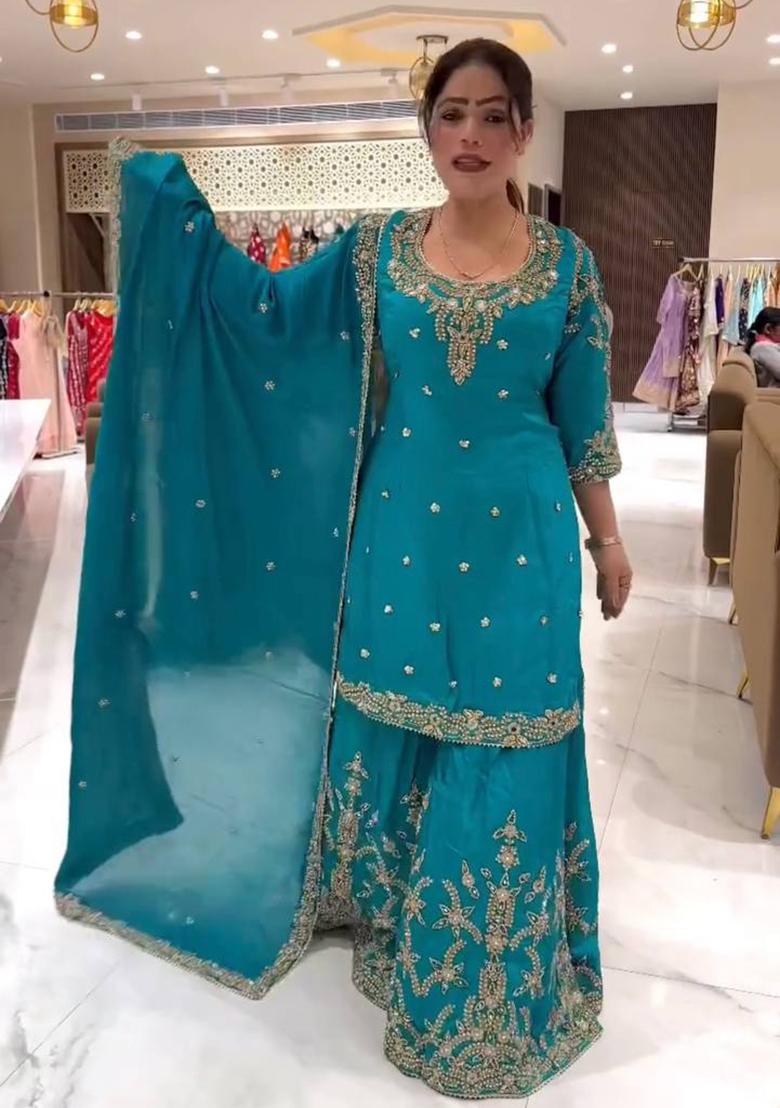 Green Embroidery Chinon Sharara Set With Dupatta - Indya