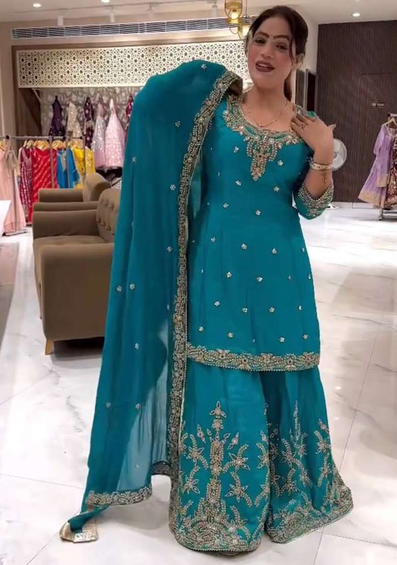 Green Embroidered Chinon Sharara Set - Indya