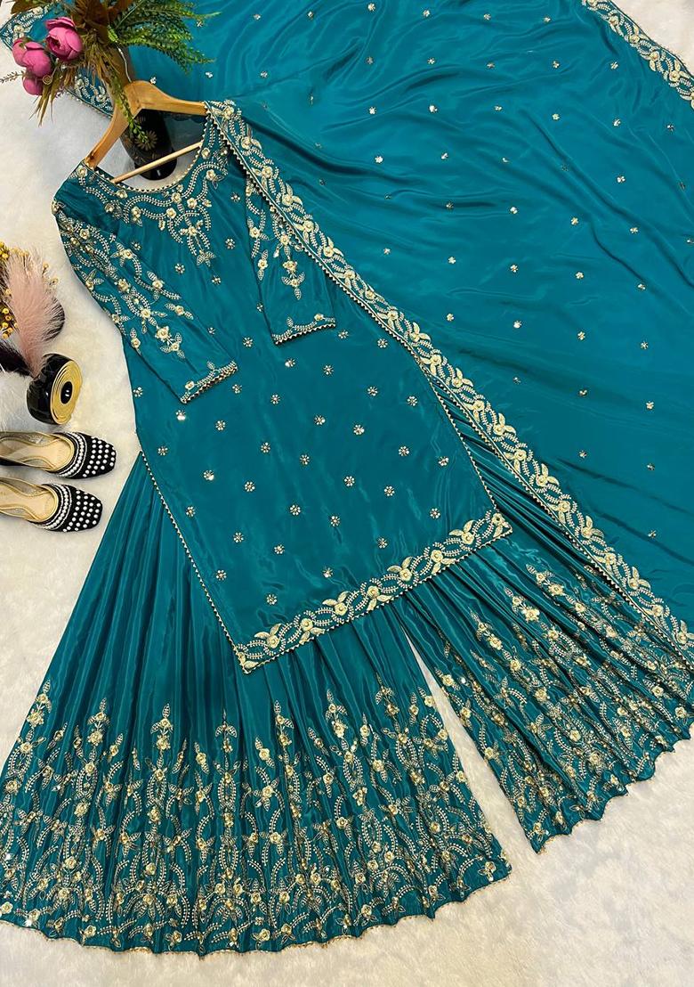 Green Embroidery Chinon Sharara Set With Dupatta - Indya