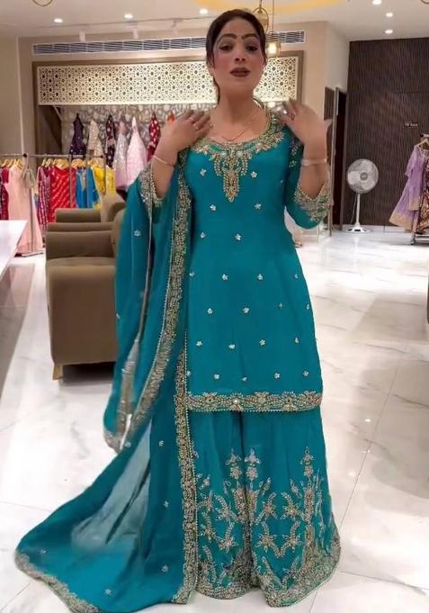 Green Embroidery Chinon Sharara Set With Dupatta