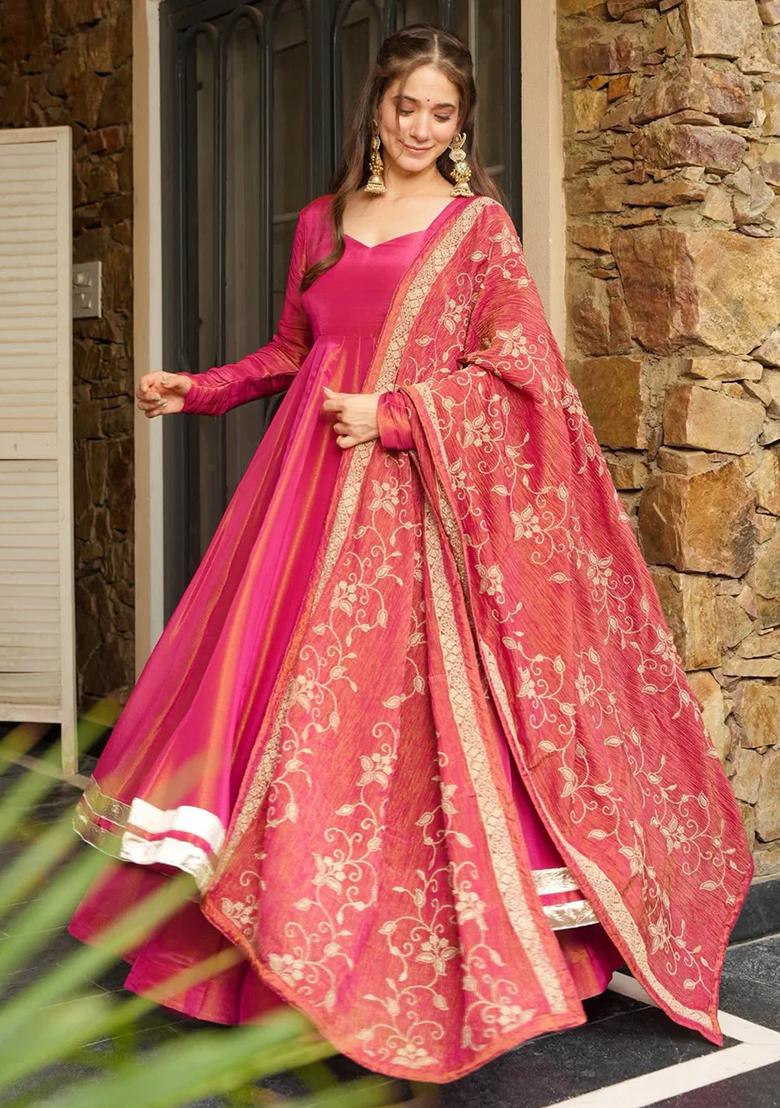 Pink Embroidery Silk Salwar Kameez With Dupatta - Indya