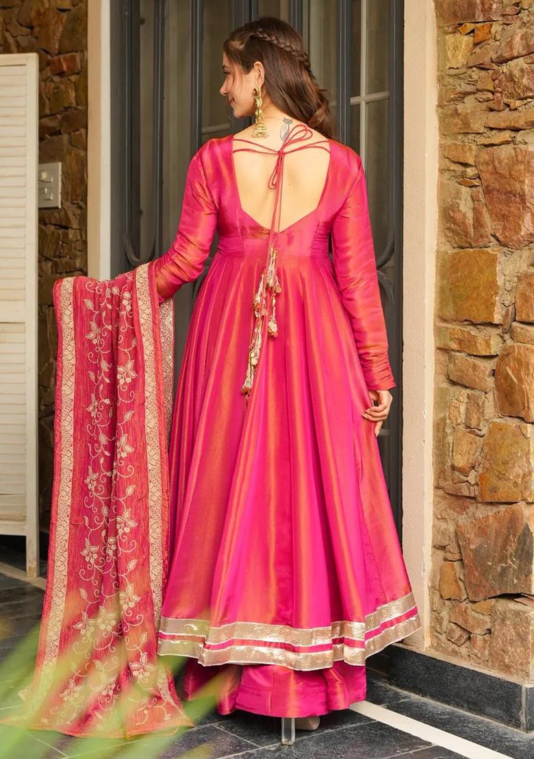 Pink Embroidery Silk Salwar Kameez With Dupatta - Indya