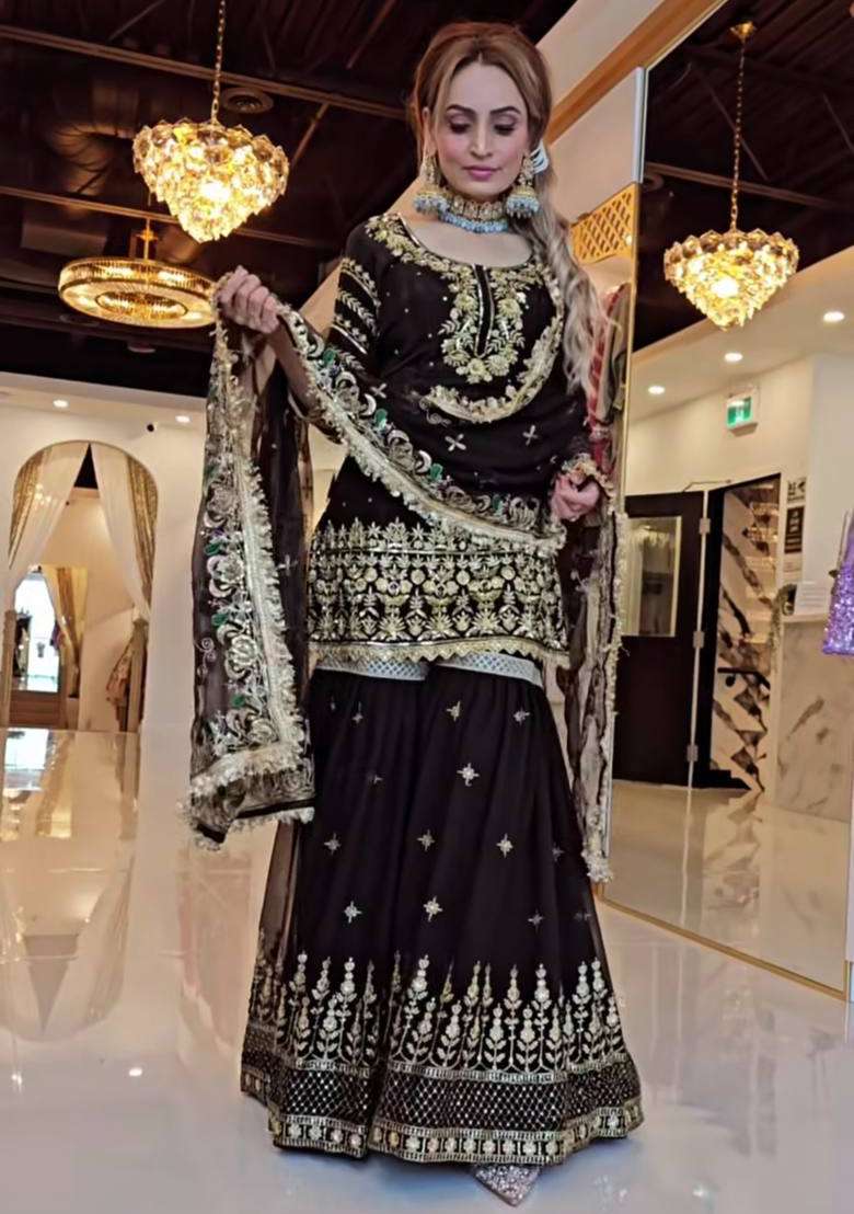 Black Embroidered Georgette Sharara Set - Indya
