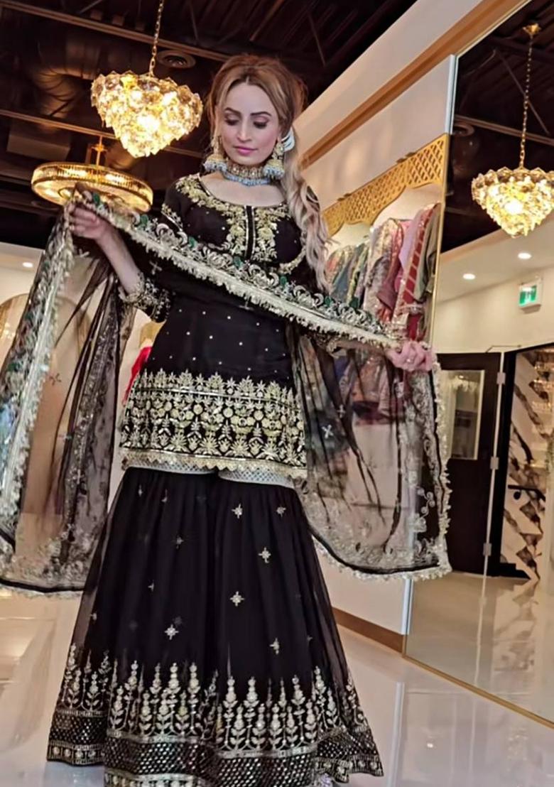 Black Embroidery Georgette Salwar Kameez With Dupatta - Indya