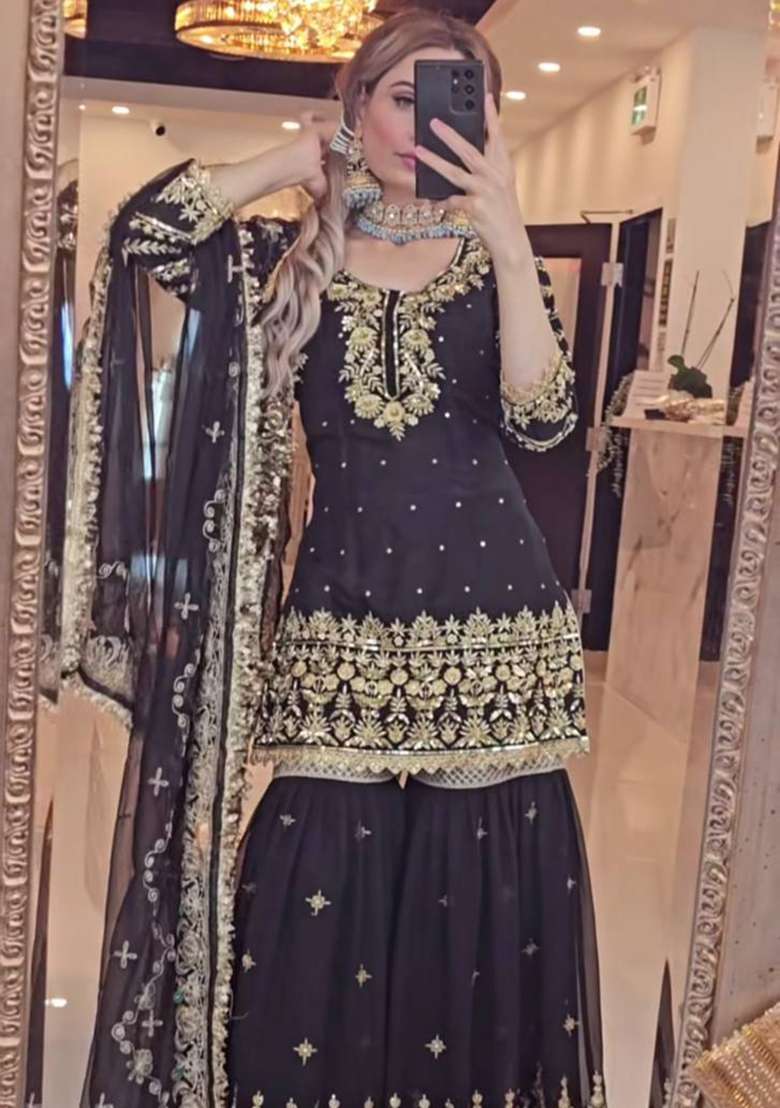 Black Embroidered Georgette Sharara Set - Indya