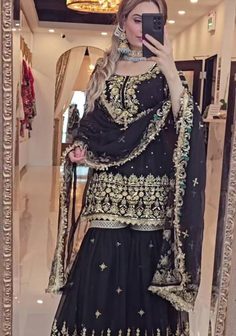 Black Embroidery Georgette Salwar Kameez With Dupatta - Indya