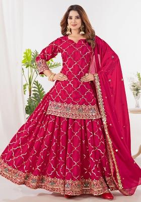 Red Embroidery Chinon Salwar Kameez With Dupatta