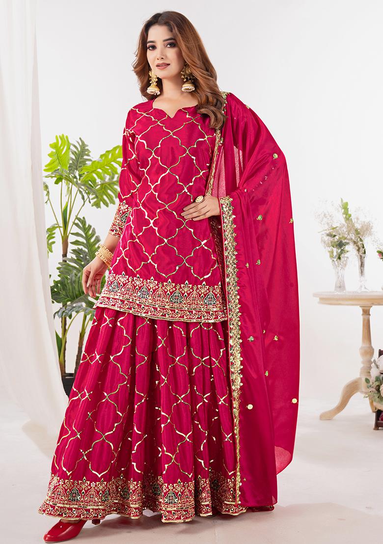 Red Embroidery Chinon Salwar Kameez With Dupatta - Indya