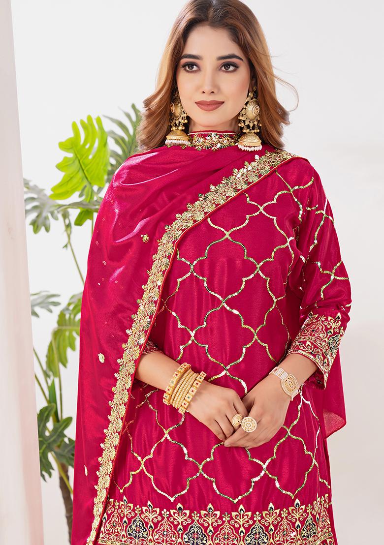 Red Embroidery Chinon Salwar Kameez With Dupatta - Indya
